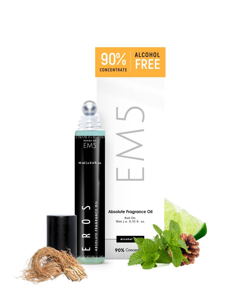 EM5™ Eros | Perfume Oil Roll On (Attar) 90% Concentrate Non-Alcoholic for Men, Strong and Long Lasting | Vanilla Amber Spicy Citrus Woody Fragrance Perfume Oil | 10ml Roll-On Travel Friendly