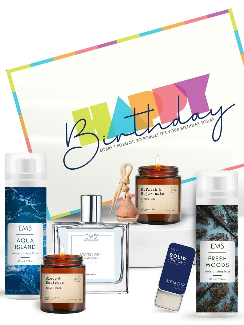 EM5™ Birthday Gift Hamper | Premium Gift Set | 2 x Scented Candles, 1 x car perfume, 1 x Solid Perfume, 1 x 50 ml Perfume Spray, 2 x Body Mists | Birthday Gift Pack for Him, Her & Loved Ones