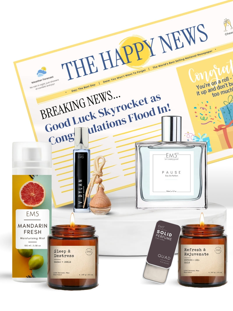 EM5™ Congratulations (The Happy Times) Gift Hamper | Premium Gift Set | 2 x Scented Candles, 1 x Car Perfume, 1 x Solid Perfume, 1 x 50 ml Perfume Spray, 1 x 15 ml Perfume Spray, 1 x Body Mist | Luxury Pack for Him, Her & Loved Ones