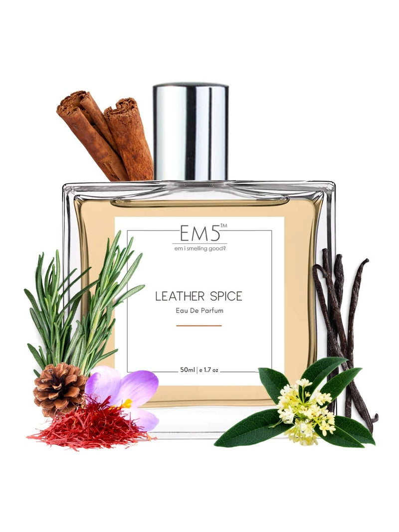 EM5™ Leather Spice Perfume EDP Spray for Men | Woody Spicy Oud Leather Fragrance | 50 ml Eau de Parfum Spray | Luxury Gift for Him