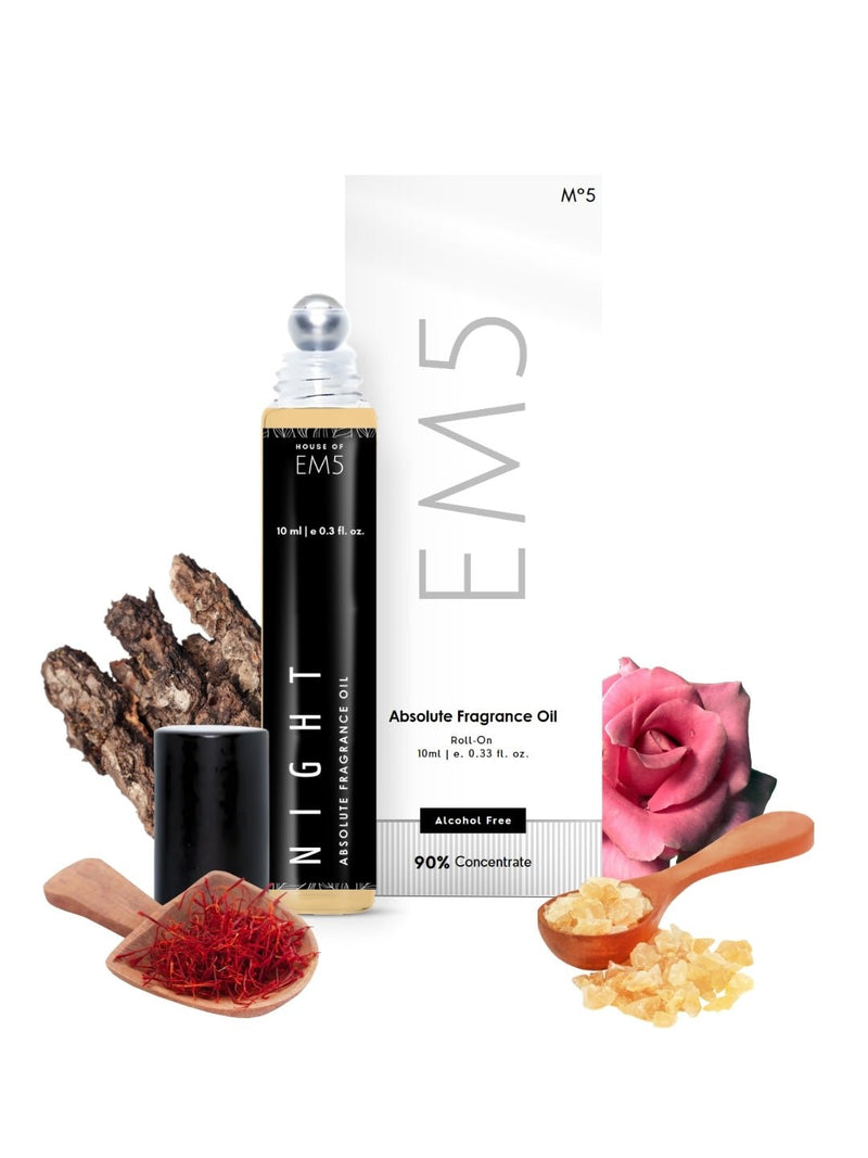 EM5™ Night Unisex | Perfume Oil Roll On (Attar) 90% Concentrate Non-Alcoholic for Men and Women, Strong and Long Lasting | Amber Woody Rose | 10ml Roll-On Easy to Carry and Travel Friendly